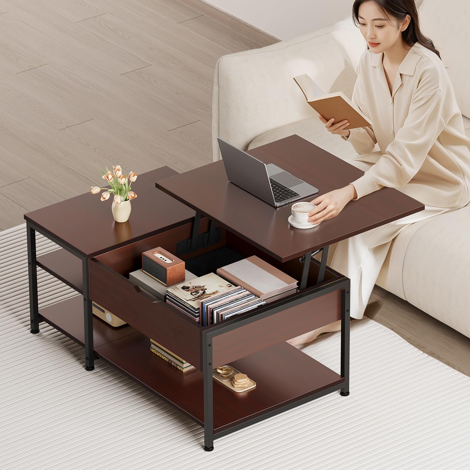 Amazon.co.jp: ローテーブル 昇降式 一人暮らしリビングテーブル 隠す